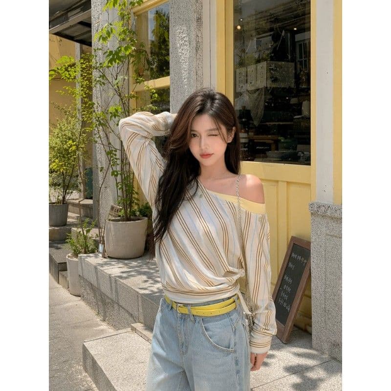 불규칙 비스듬한 어깨 스트라이프 긴팔 여성 배색 패치워크 오프숄더 루즈핏 펌프 로프 허리 수축 분위기 센스 맨위 이미지 5