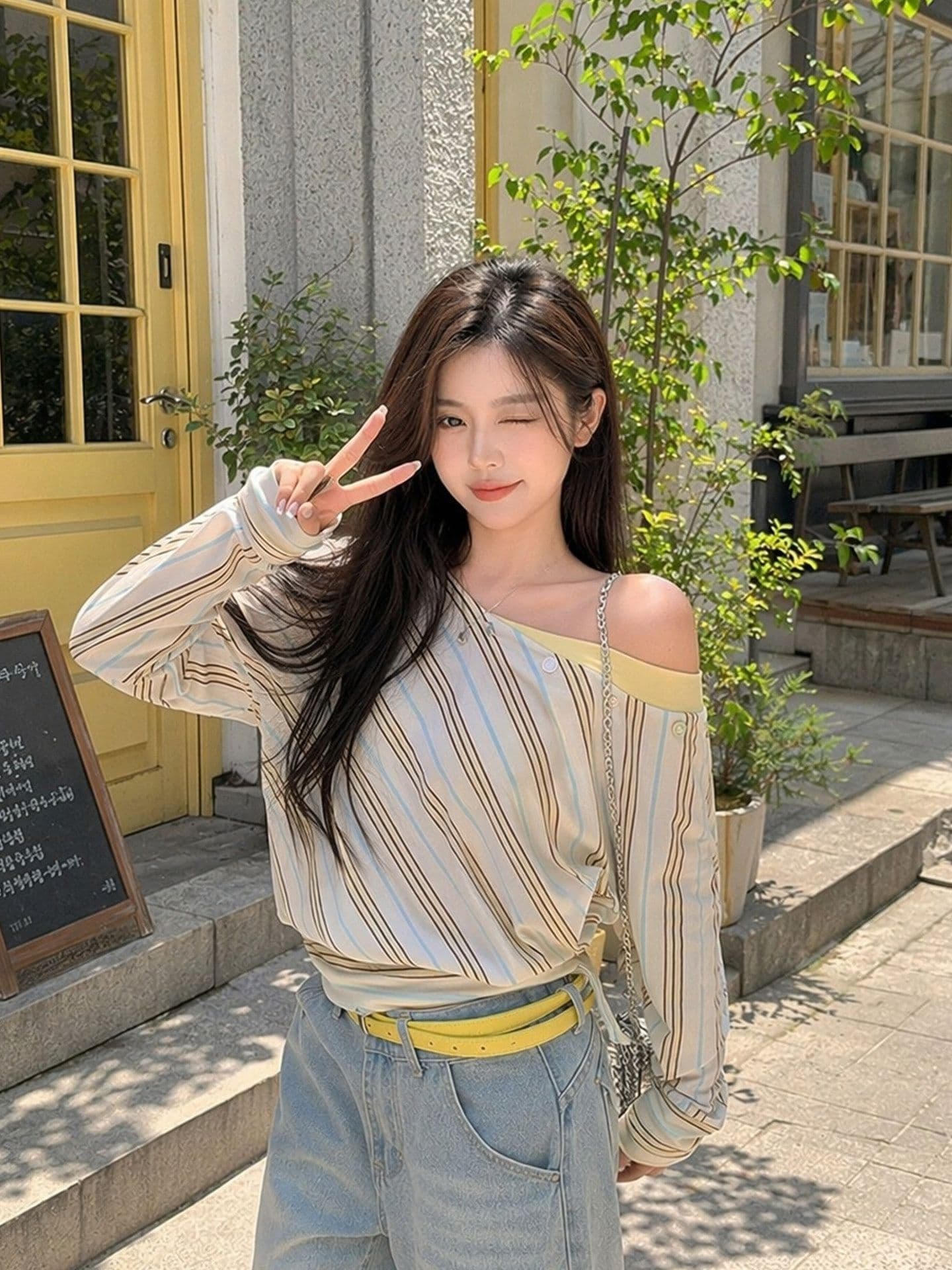 불규칙 비스듬한 어깨 스트라이프 긴팔 여성 배색 패치워크 오프숄더 루즈핏 펌프 로프 허리 수축 분위기 센스 맨위 상세 이미지 6