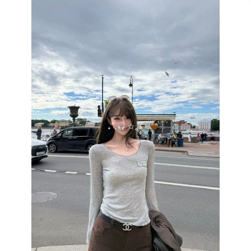 사람들 면 작은 예쁜 허리 주머니 tee 마이크로 볼륨 측면 u 칼라 몸매 가꾸기 라이 경기 서울 주간 실크 티셔츠 여성 가을