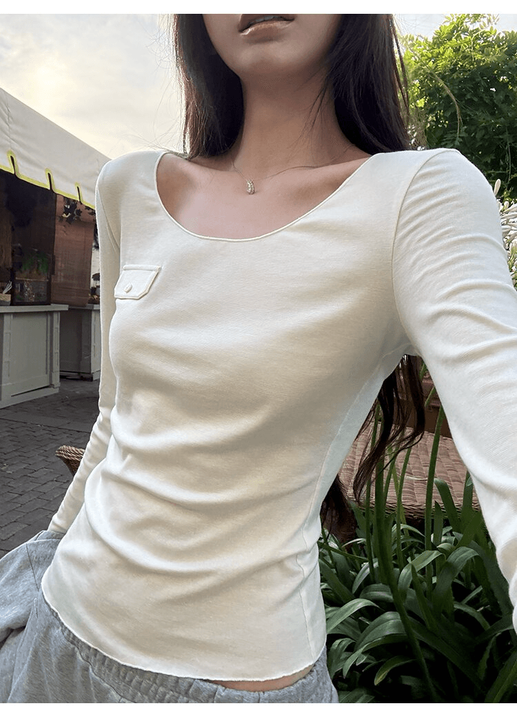 사람들 면 작은 예쁜 허리 주머니 tee 마이크로 볼륨 측면 u 칼라 몸매 가꾸기 라이 경기 서울 주간 실크 티셔츠 여성 가을 상세 이미지 2