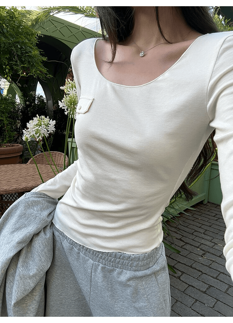 사람들 면 작은 예쁜 허리 주머니 tee 마이크로 볼륨 측면 u 칼라 몸매 가꾸기 라이 경기 서울 주간 실크 티셔츠 여성 가을 상세 이미지 3