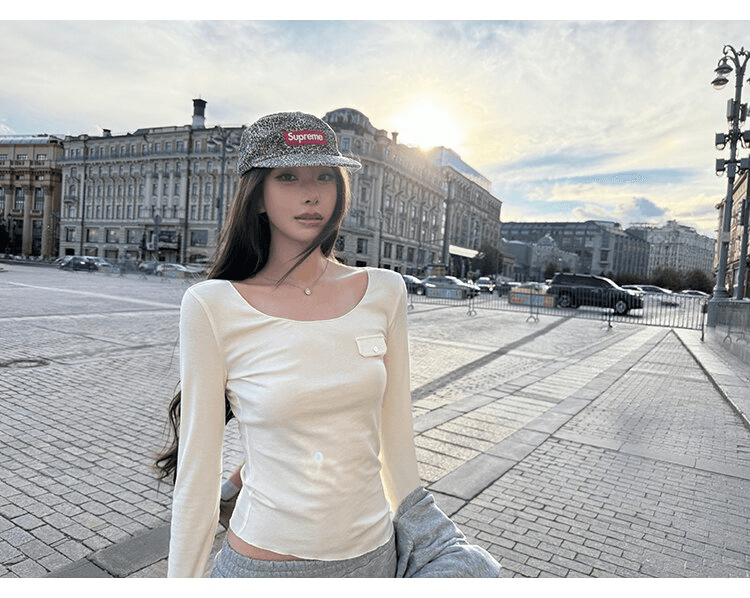 사람들 면 작은 예쁜 허리 주머니 tee 마이크로 볼륨 측면 u 칼라 몸매 가꾸기 라이 경기 서울 주간 실크 티셔츠 여성 가을 상세 이미지 4