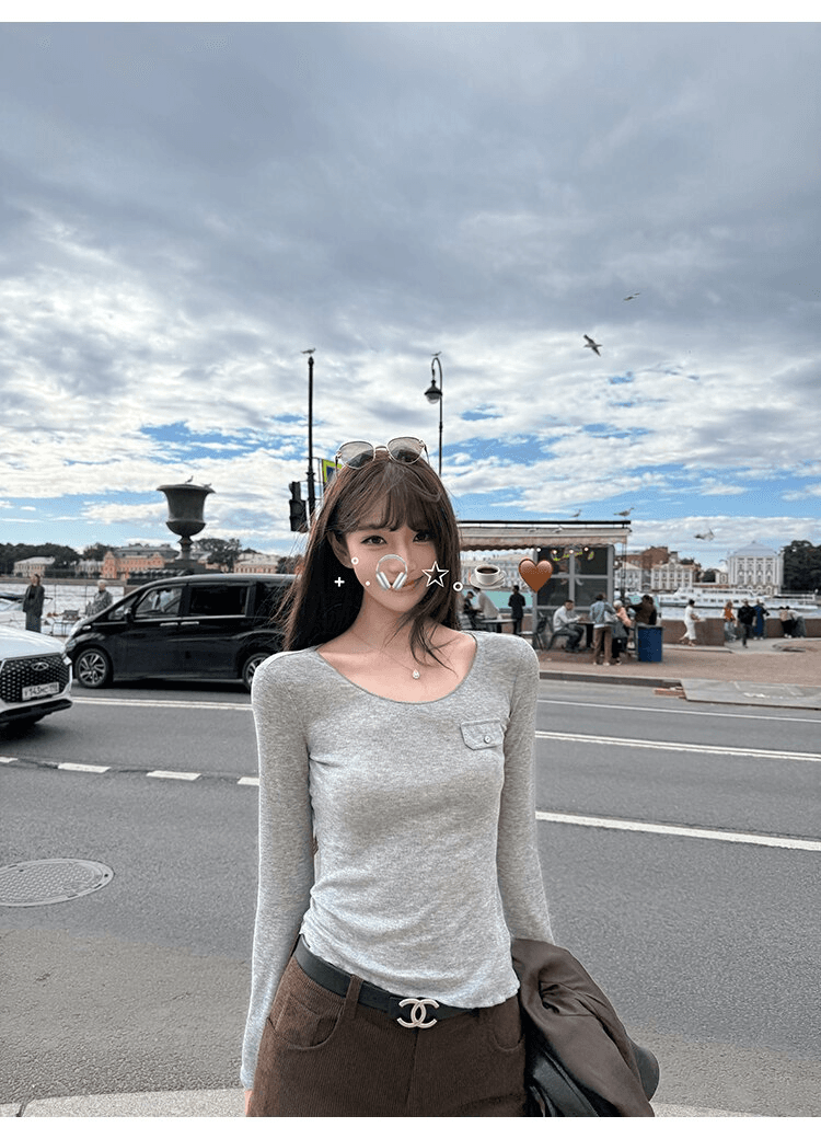 사람들 면 작은 예쁜 허리 주머니 tee 마이크로 볼륨 측면 u 칼라 몸매 가꾸기 라이 경기 서울 주간 실크 티셔츠 여성 가을 상세 이미지 6