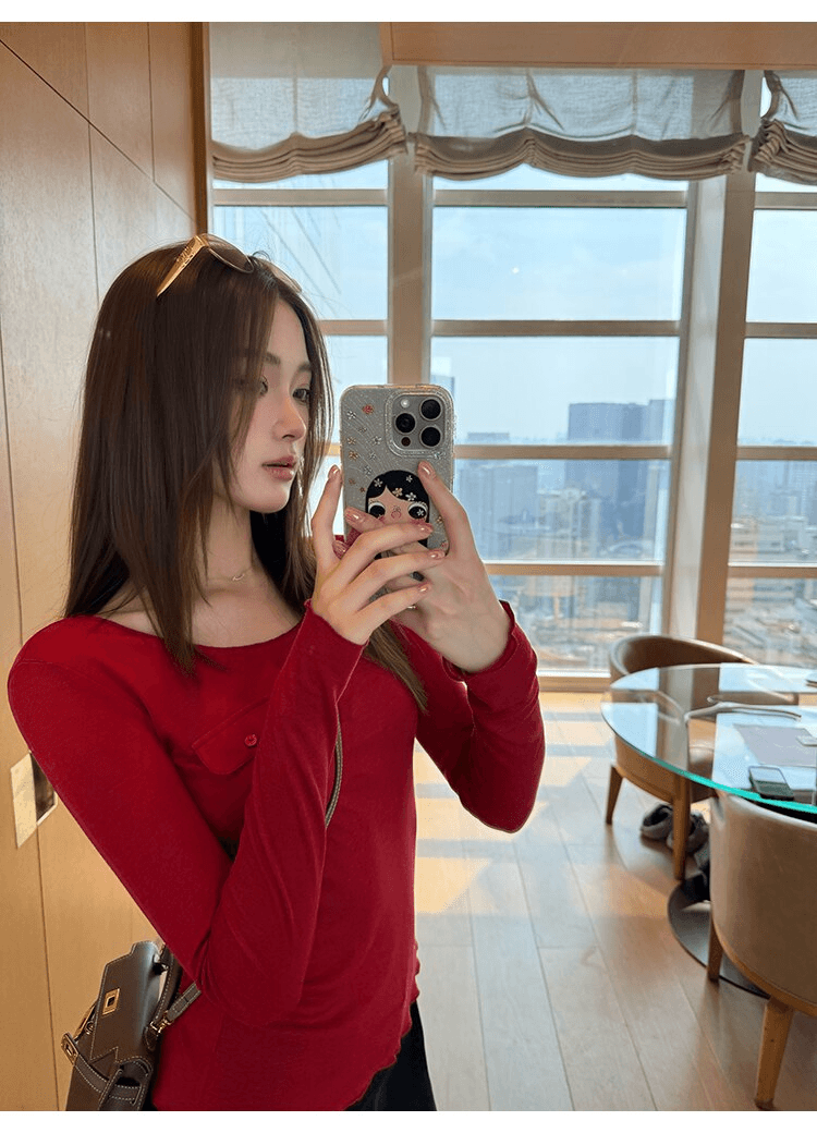사람들 면 작은 예쁜 허리 주머니 tee 마이크로 볼륨 측면 u 칼라 몸매 가꾸기 라이 경기 서울 주간 실크 티셔츠 여성 가을 상세 이미지 13