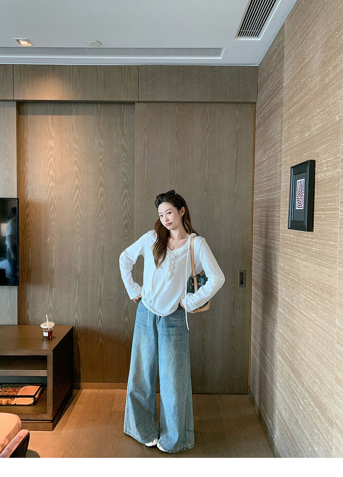 눈꽃 면 한 부서 화이트 프릴 V넥 7부 소매 티셔츠 여성 여름 루즈핏 슬림해 보이는 긍정적 인 어깨 의류 상세 이미지 4