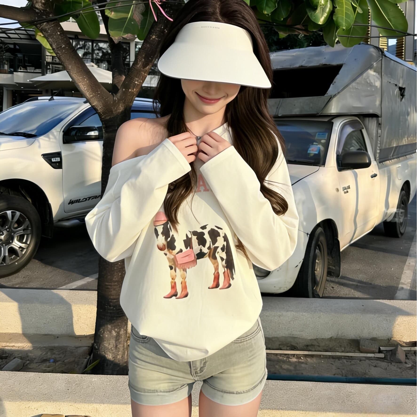 광저우 원단 240 그램 95 면 5 암모니아 Lun 면 당겨 프레임 비스듬한 어깨 보트넥 오프숄더 루즈핏 긴팔 티셔츠 여성 이미지 5