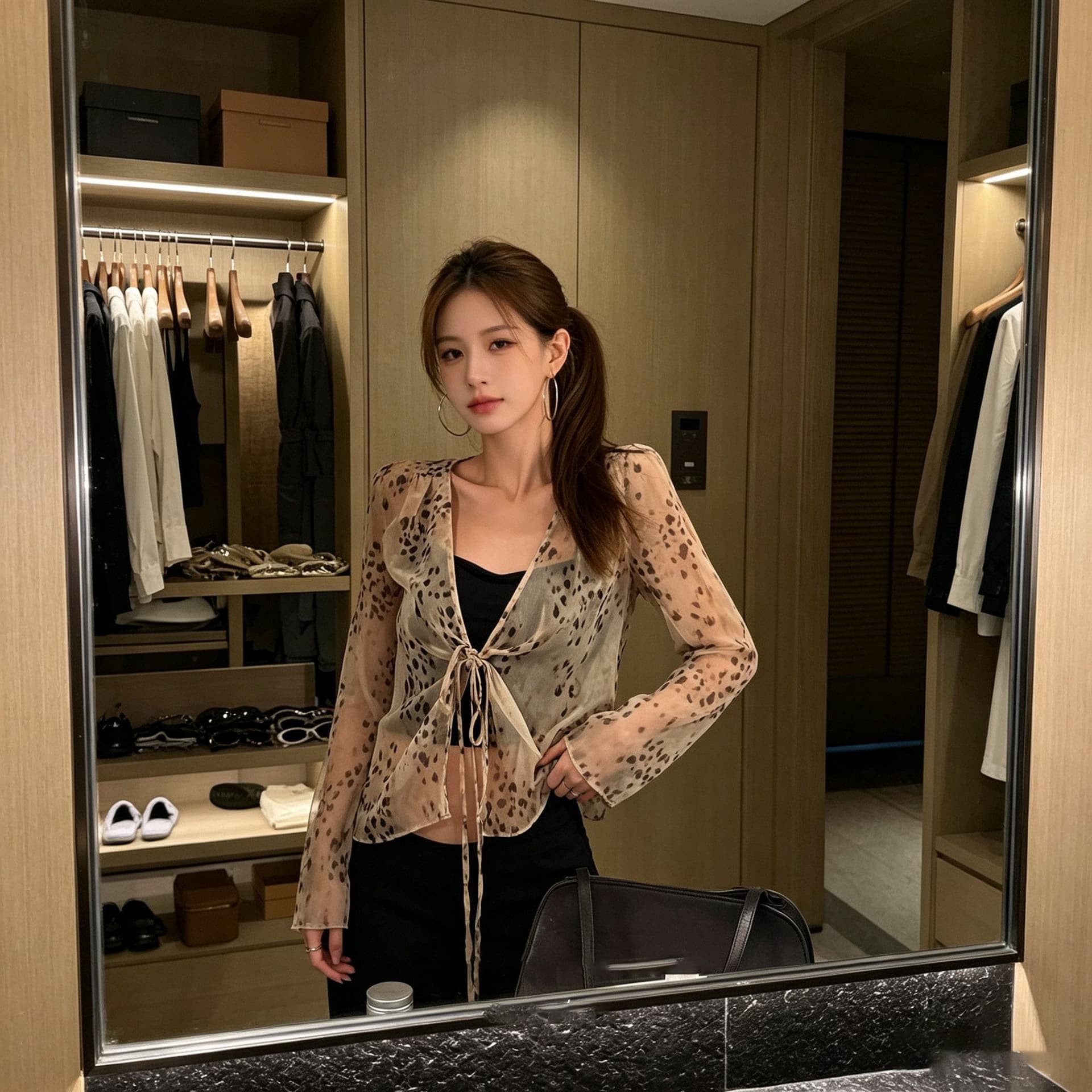 있음 가슴 패드 레오파드 무늬 V넥 긴팔 쉬폰 블라우스 나만의 것을 가져와 라. 가슴 패드 캐미솔 투피스 슈트 맨위 상세 이미지 3