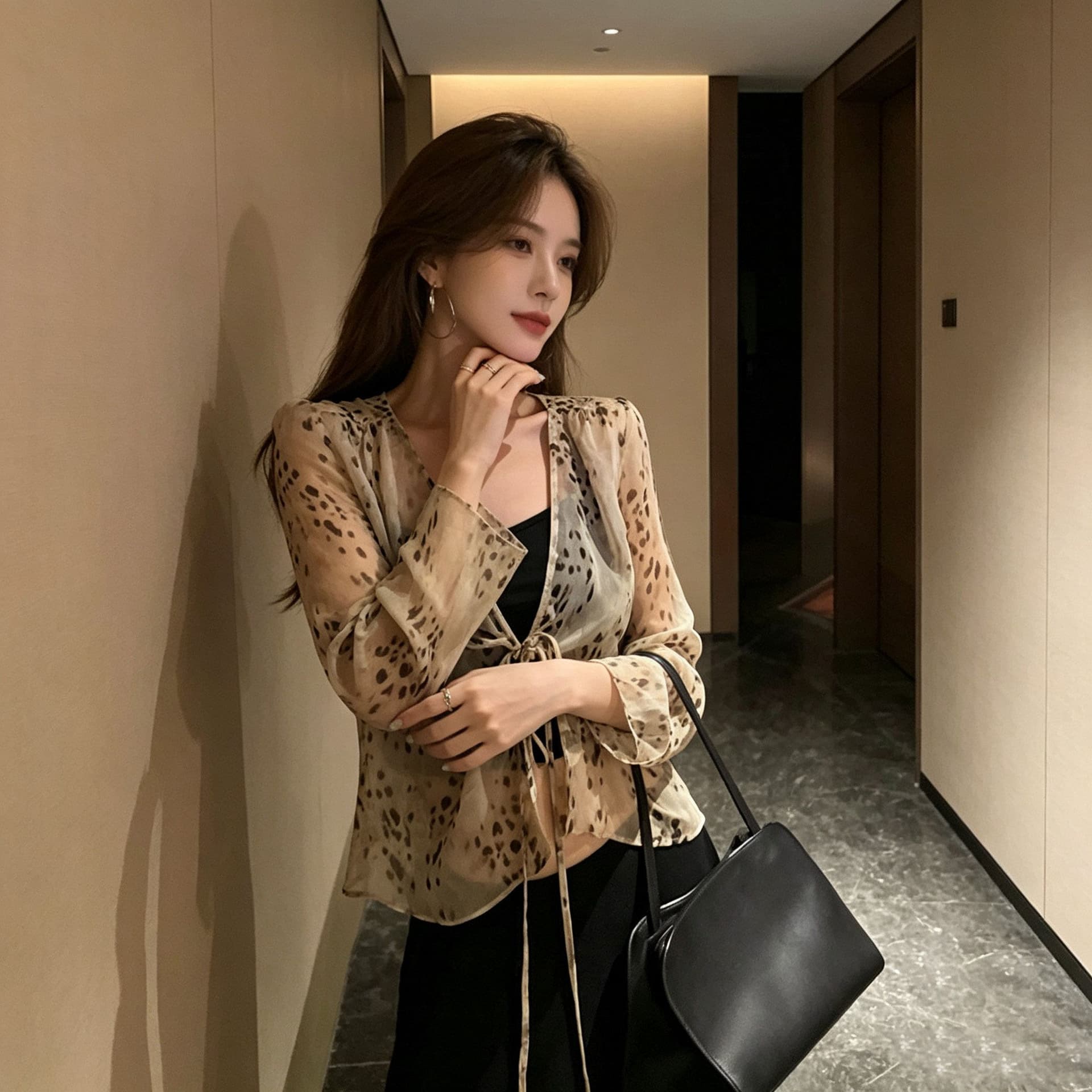 있음 가슴 패드 레오파드 무늬 V넥 긴팔 쉬폰 블라우스 나만의 것을 가져와 라. 가슴 패드 캐미솔 투피스 슈트 맨위 상세 이미지 10