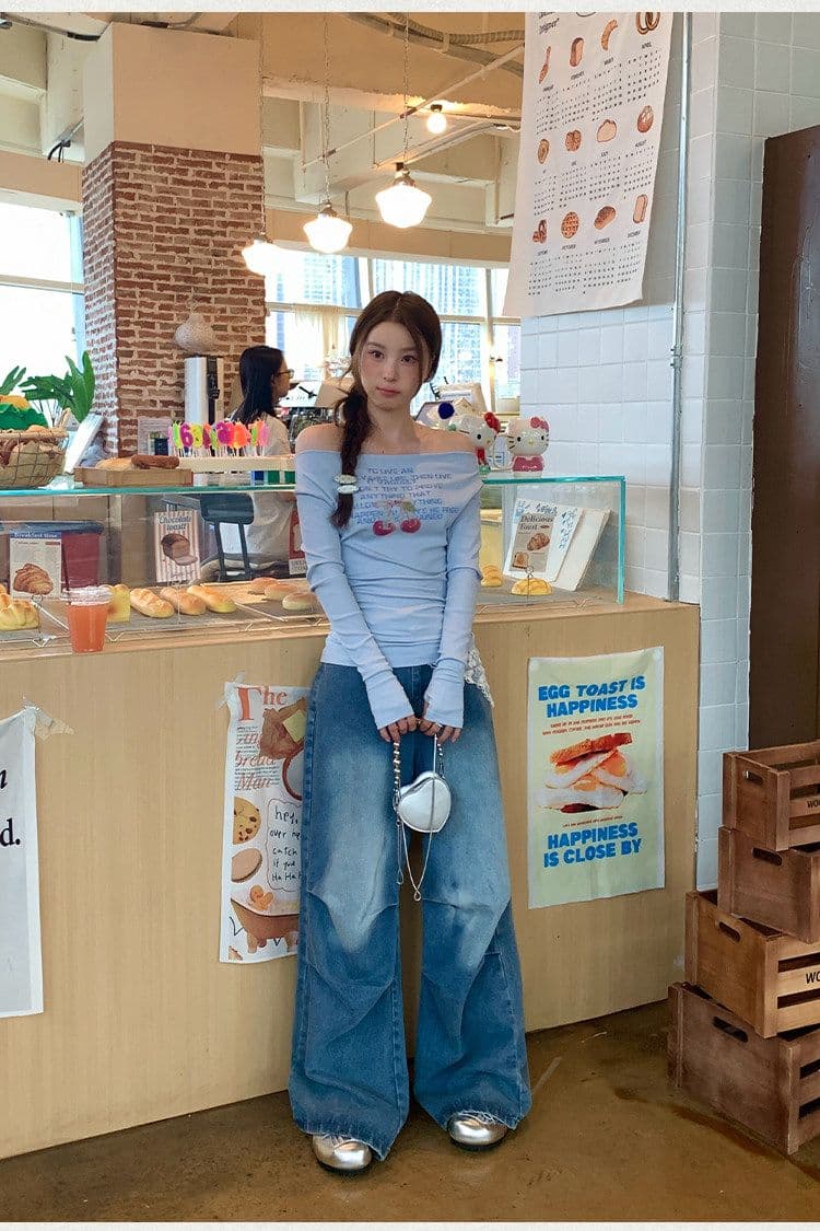 체리 프린트 오프숄더 긴팔 티셔츠 소녀 가을 2026 새로운 몸매 가꾸기 슬림해 보이는 오프숄더 맨위 상세 이미지 12