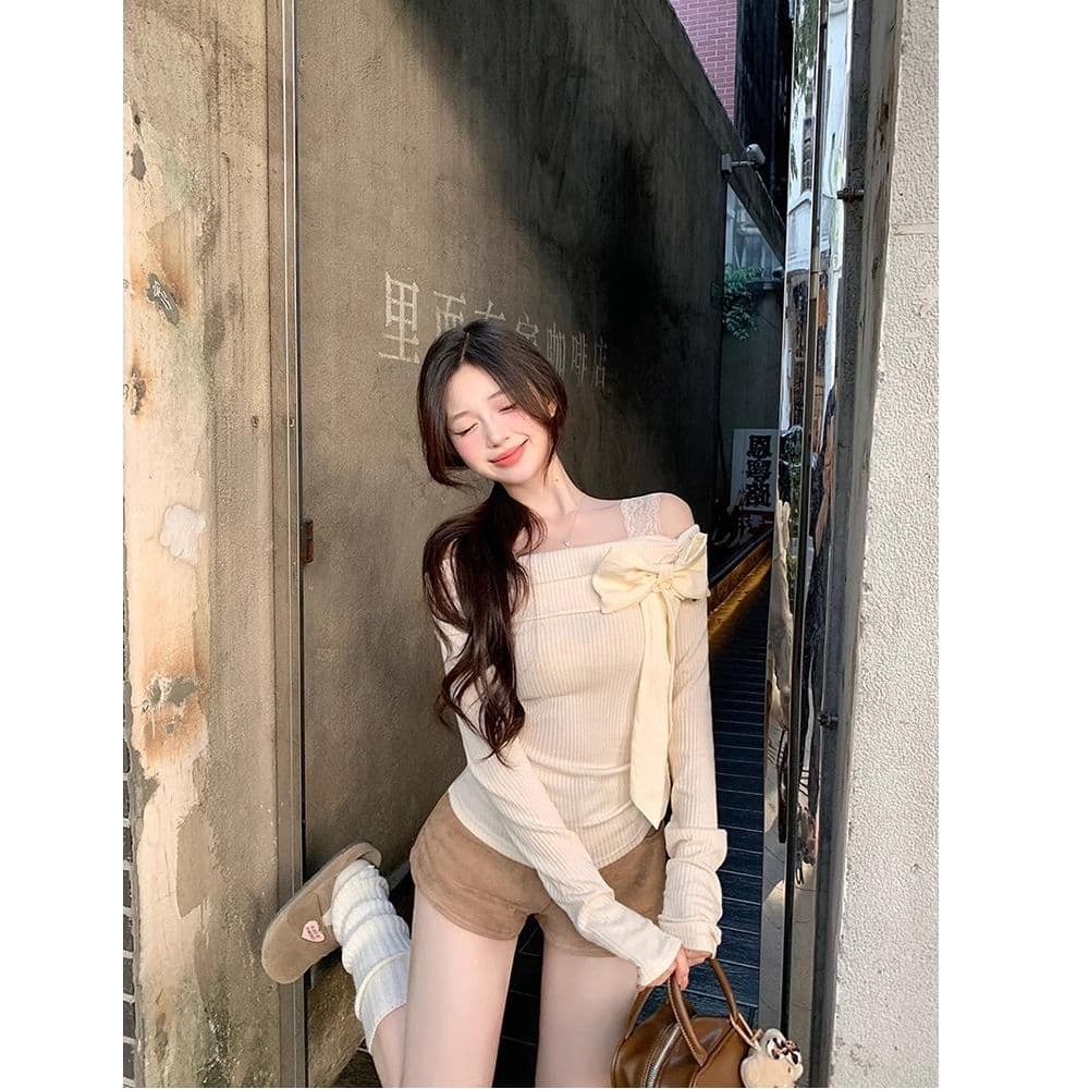 뮤 S 양모 오프숄더 핑크색 나비 매듭 인사이드 가져 가라. 기본 셔츠 새로운 고유 한 아름다운 오프숄더 달콤한 자매 맨위 이미지 3