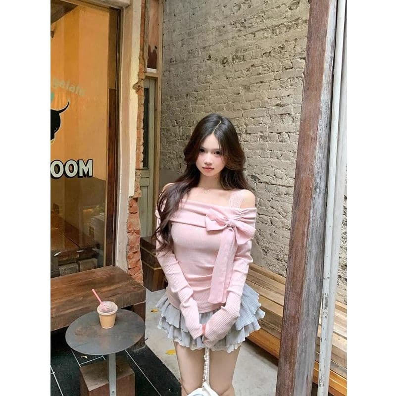 뮤 S 양모 오프숄더 핑크색 나비 매듭 인사이드 가져 가라. 기본 셔츠 새로운 고유 한 아름다운 오프숄더 달콤한 자매 맨위 이미지 2