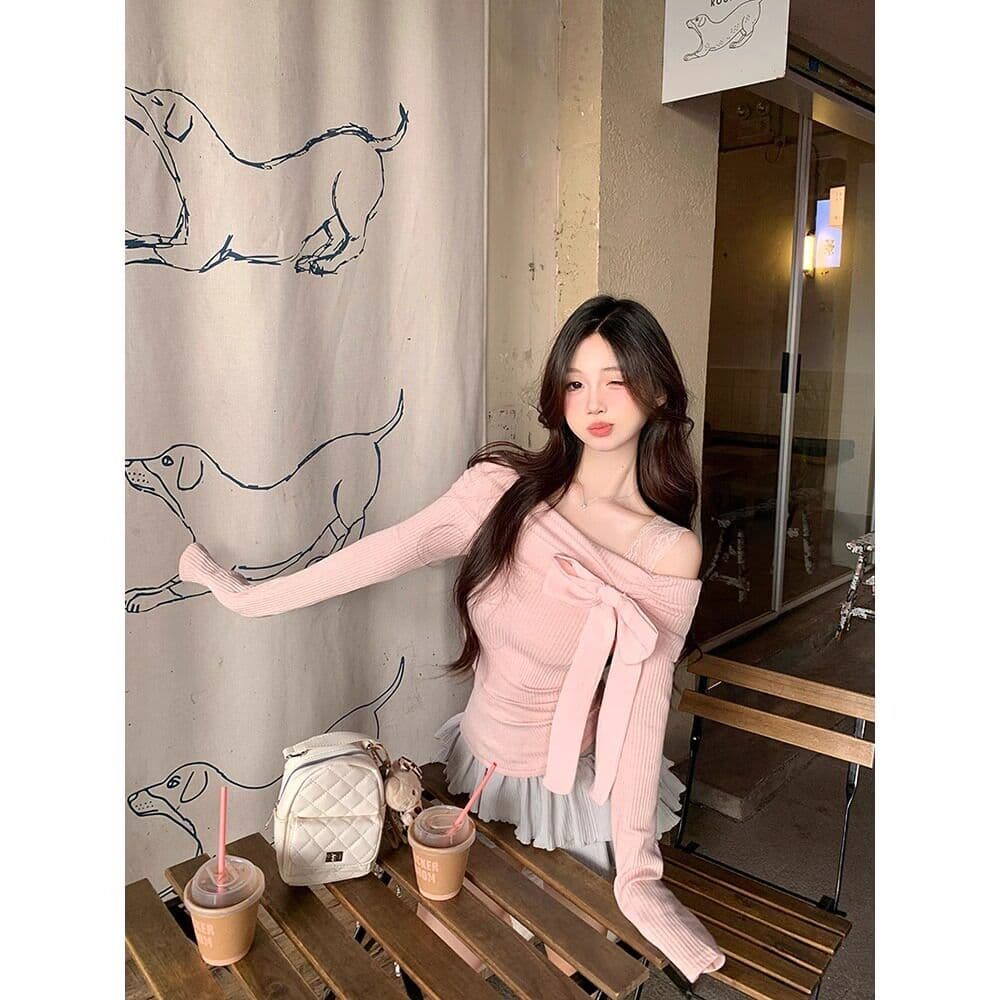 뮤 S 양모 오프숄더 핑크색 나비 매듭 인사이드 가져 가라. 기본 셔츠 새로운 고유 한 아름다운 오프숄더 달콤한 자매 맨위 상세 이미지 2