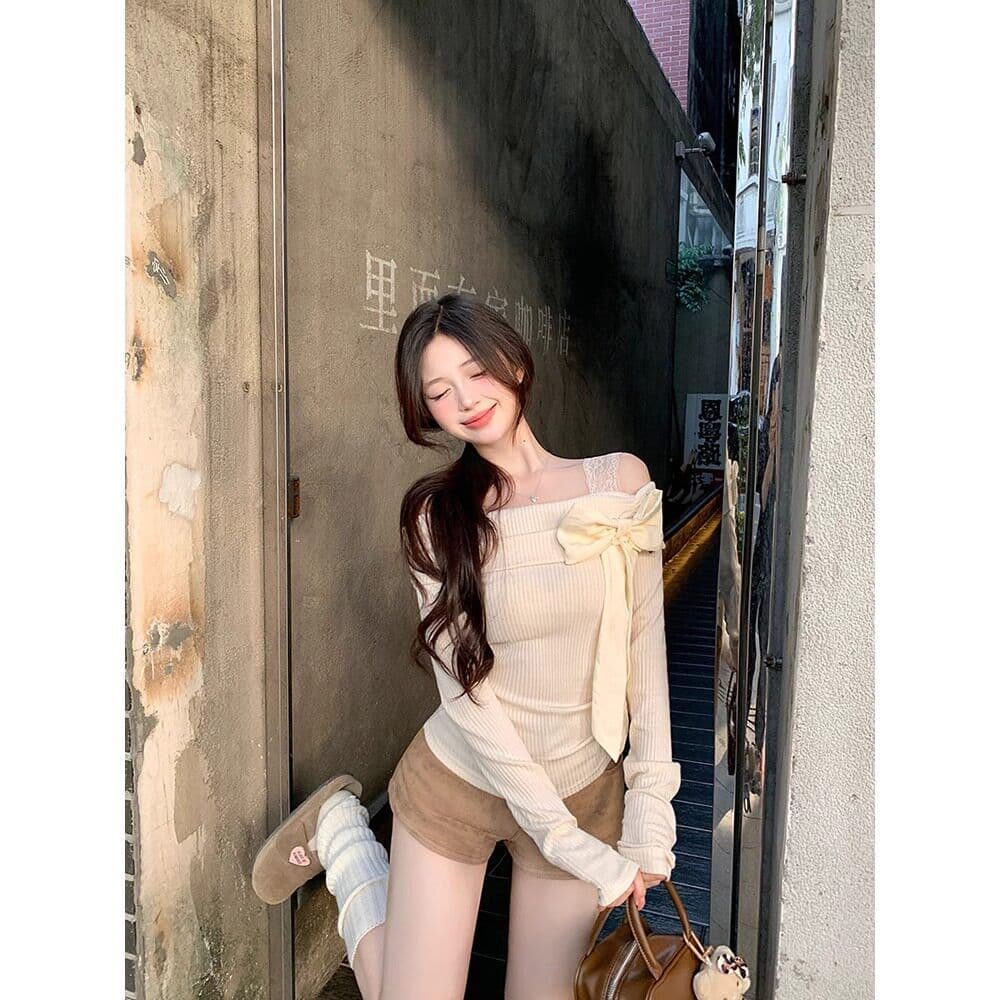 뮤 S 양모 오프숄더 핑크색 나비 매듭 인사이드 가져 가라. 기본 셔츠 새로운 고유 한 아름다운 오프숄더 달콤한 자매 맨위 상세 이미지 5