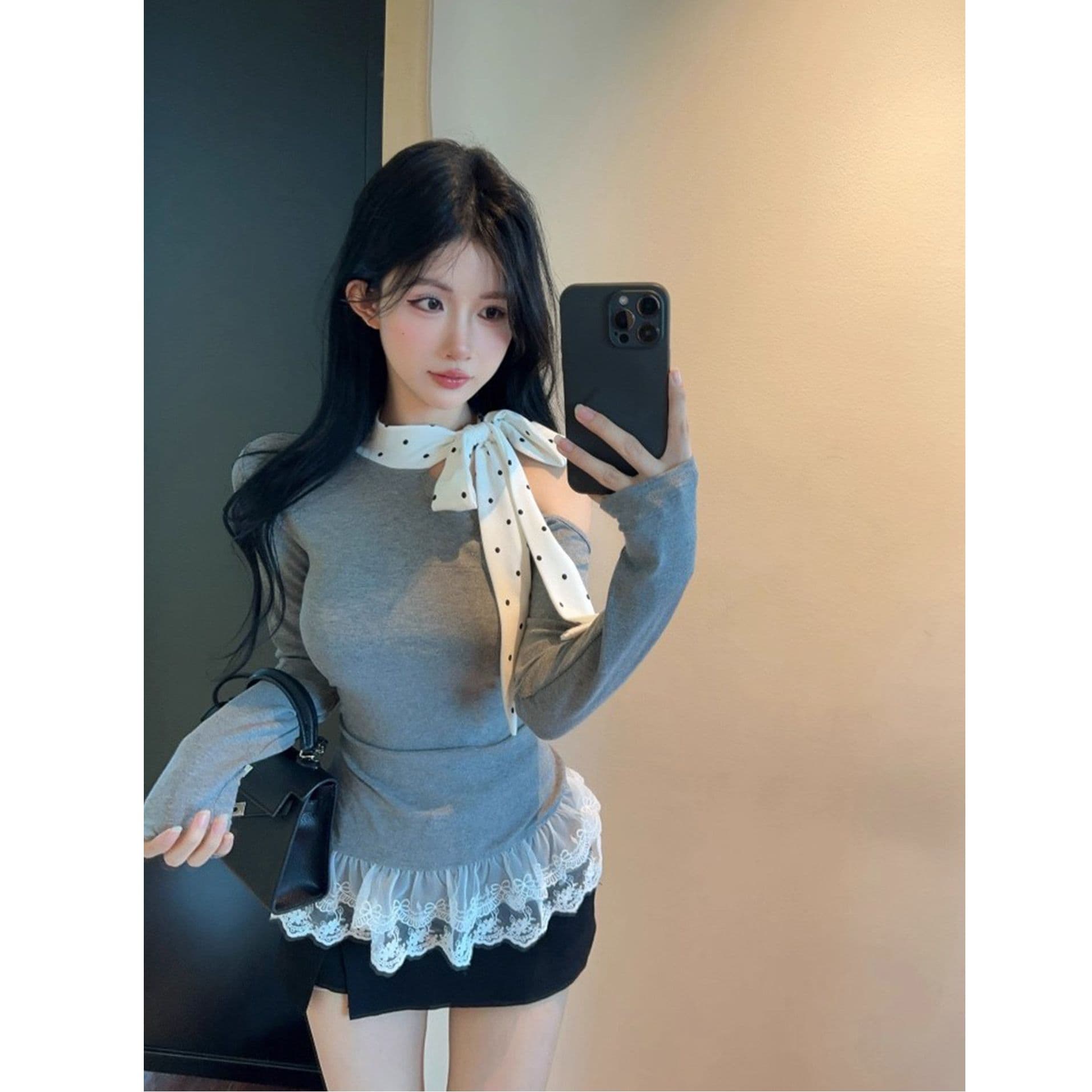 원본 사람들 면 도트 무늬 레이스업 긴팔 티셔츠 여성 새로운 몸매 가꾸기 레이스 레이스 기본 셔츠 인사이드 잡아라. 의류 이미지 4