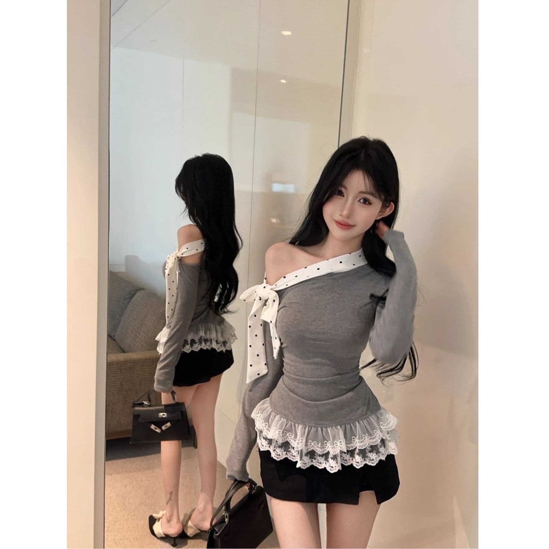 원본 사람들 면 도트 무늬 레이스업 긴팔 티셔츠 여성 새로운 몸매 가꾸기 레이스 레이스 기본 셔츠 인사이드 잡아라. 의류 이미지 2