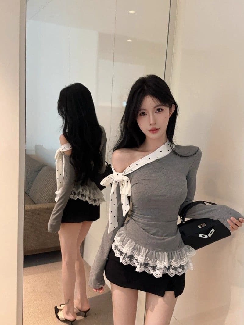 원본 사람들 면 도트 무늬 레이스업 긴팔 티셔츠 여성 새로운 몸매 가꾸기 레이스 레이스 기본 셔츠 인사이드 잡아라. 의류 상세 이미지 1