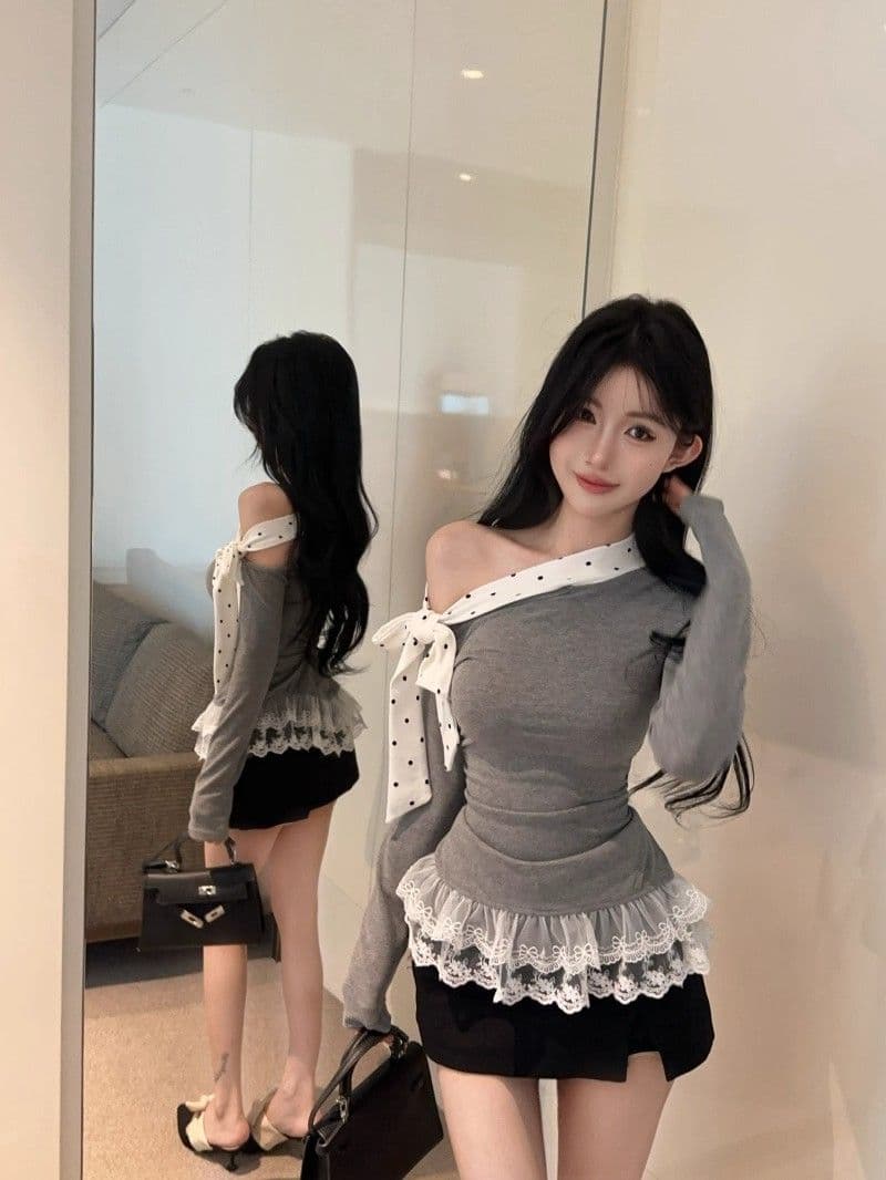 원본 사람들 면 도트 무늬 레이스업 긴팔 티셔츠 여성 새로운 몸매 가꾸기 레이스 레이스 기본 셔츠 인사이드 잡아라. 의류 상세 이미지 2