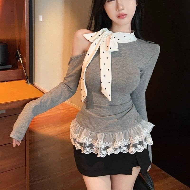 원본 사람들 면 도트 무늬 레이스업 긴팔 티셔츠 여성 새로운 몸매 가꾸기 레이스 레이스 기본 셔츠 인사이드 잡아라. 의류 상세 이미지 9
