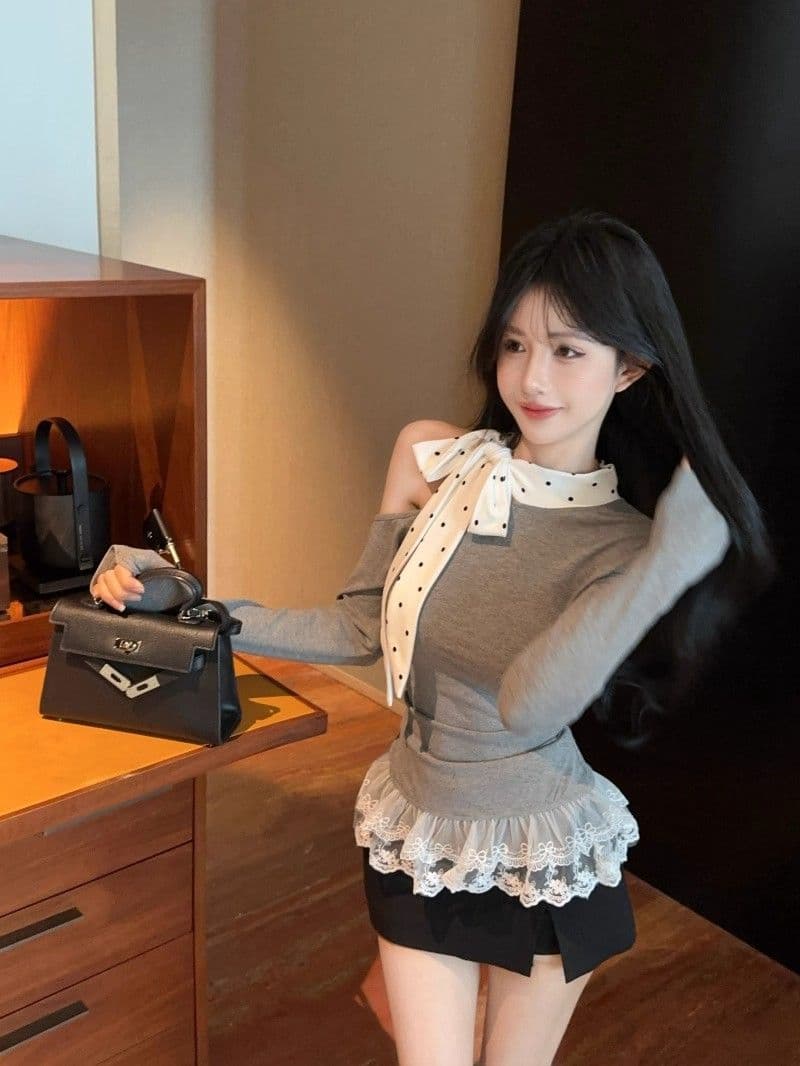 원본 사람들 면 도트 무늬 레이스업 긴팔 티셔츠 여성 새로운 몸매 가꾸기 레이스 레이스 기본 셔츠 인사이드 잡아라. 의류 상세 이미지 10