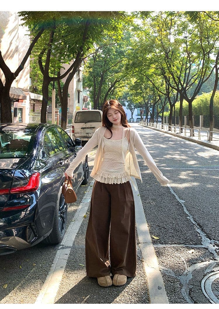 사람들 면 도트 무늬 슬립 오픈 가디건 두 조각 여성 세트 조기 가을 의상 새로운 연꽃 잎 밑단 외부 가져 가라. 짧은 외투 맨위 상세 이미지 4
