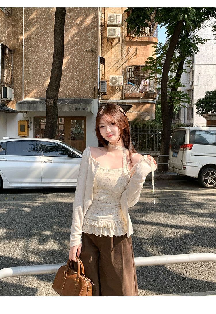 사람들 면 도트 무늬 슬립 오픈 가디건 두 조각 여성 세트 조기 가을 의상 새로운 연꽃 잎 밑단 외부 가져 가라. 짧은 외투 맨위 상세 이미지 12