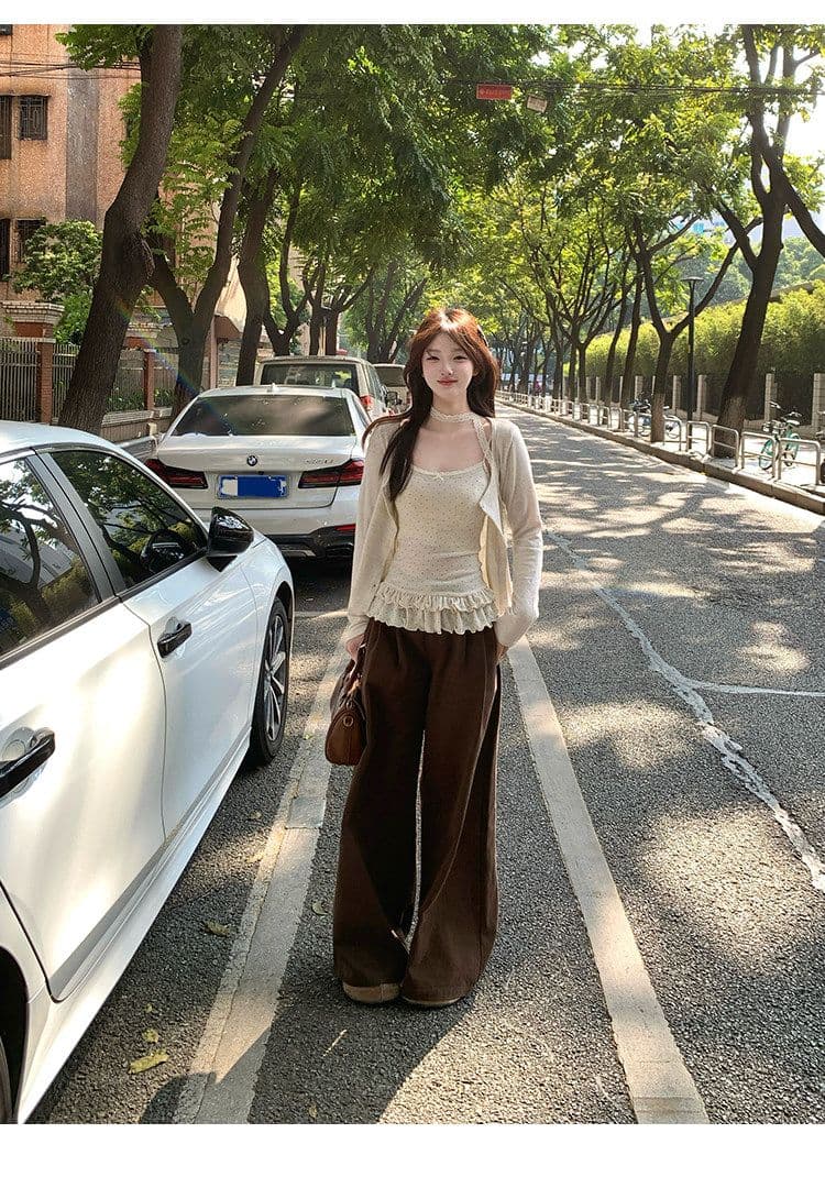 사람들 면 도트 무늬 슬립 오픈 가디건 두 조각 여성 세트 조기 가을 의상 새로운 연꽃 잎 밑단 외부 가져 가라. 짧은 외투 맨위 상세 이미지 17