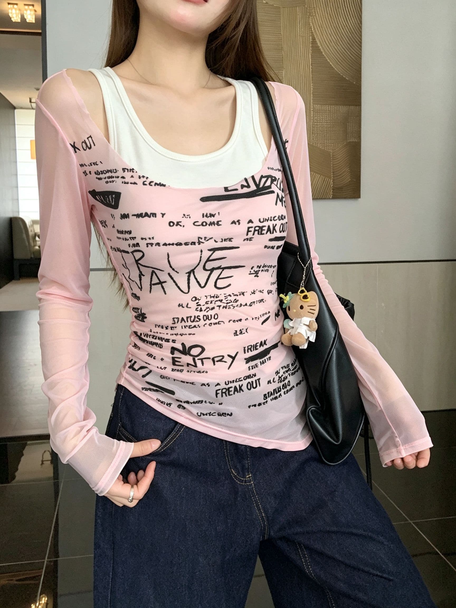 원본 원단 것 알파벳 프린트 긴팔 여성 가을 새로운 몸매 가꾸기 슬림해 보이는 벨트 가슴 패드 페이크 레이어드 맨위 상세 이미지 8