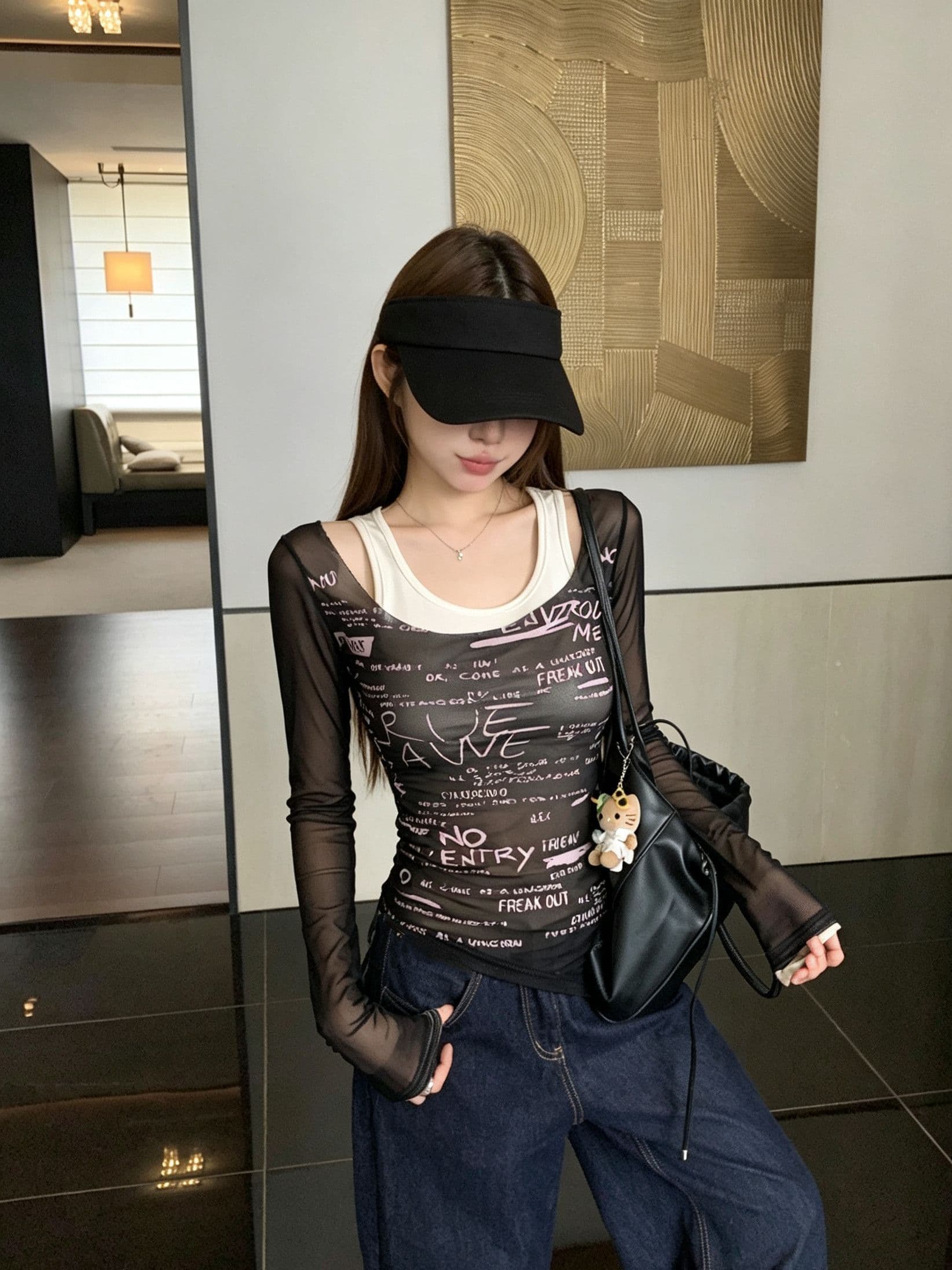 원본 원단 것 알파벳 프린트 긴팔 여성 가을 새로운 몸매 가꾸기 슬림해 보이는 벨트 가슴 패드 페이크 레이어드 맨위 상세 이미지 13