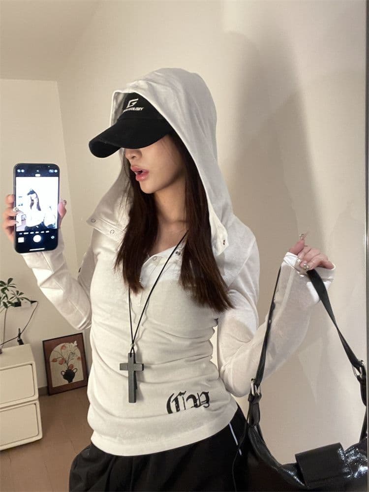 원본 눈꽃 면 자외선 차단 블라우스 Tulle 맨위 여성 여름 가을 얇은 스타일 긴팔 티셔츠 후드 몸매 가꾸기 아메리칸 핫걸 이미지 4