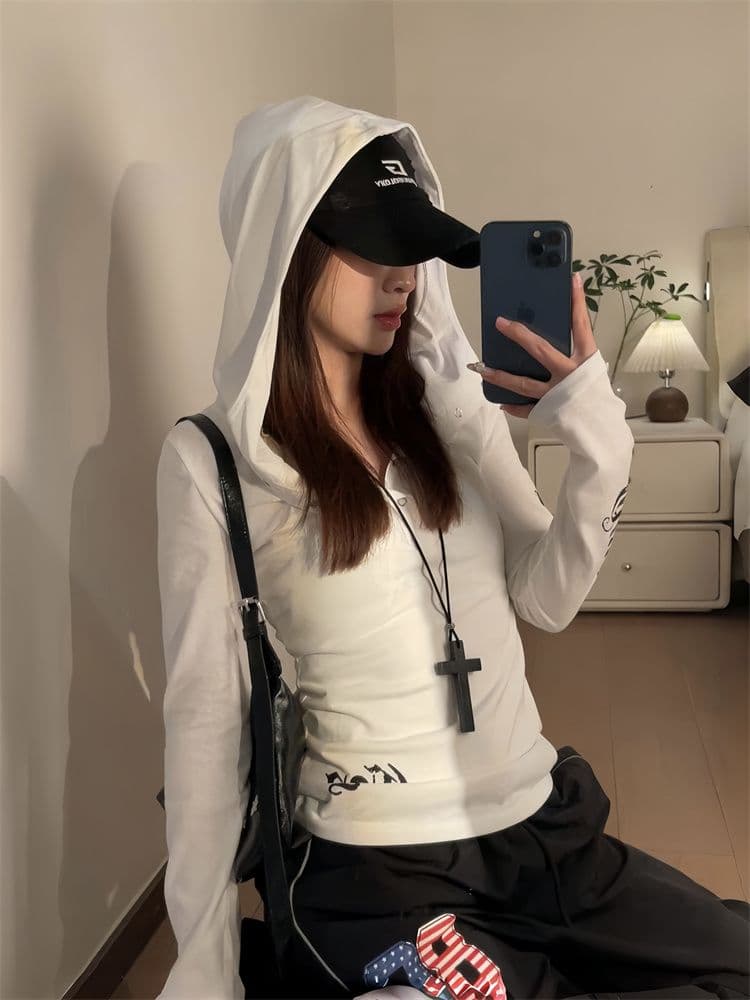 원본 눈꽃 면 자외선 차단 블라우스 Tulle 맨위 여성 여름 가을 얇은 스타일 긴팔 티셔츠 후드 몸매 가꾸기 아메리칸 핫걸 상세 이미지 6