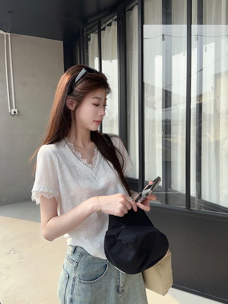 원본 품질 한 부서 레이스 조각 긍정적 인 어깨 반팔 티셔츠 여성 여름 새로운 핫걸 슬림해 보이는 맨위 상세 이미지 2