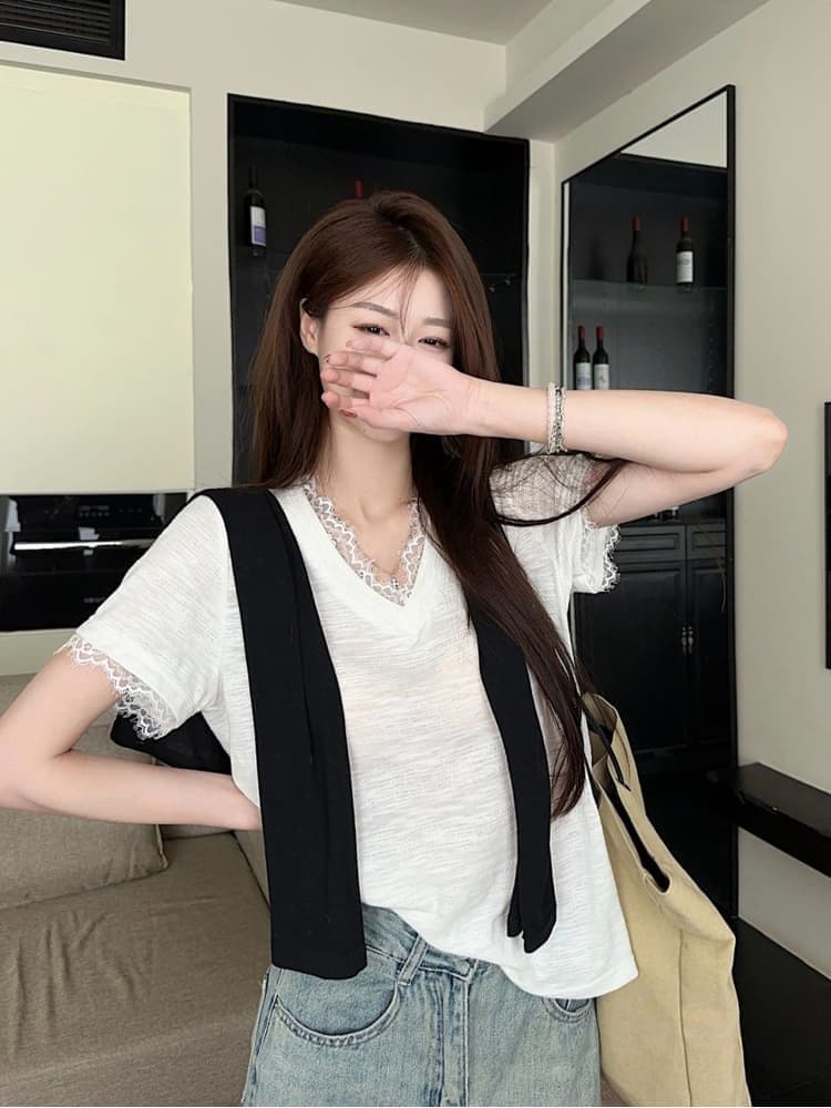 원본 품질 한 부서 레이스 조각 긍정적 인 어깨 반팔 티셔츠 여성 여름 새로운 핫걸 슬림해 보이는 맨위 상세 이미지 3