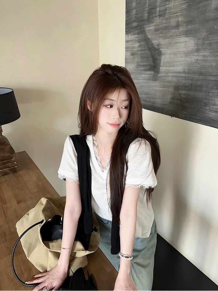 원본 품질 한 부서 레이스 조각 긍정적 인 어깨 반팔 티셔츠 여성 여름 새로운 핫걸 슬림해 보이는 맨위 상세 이미지 4