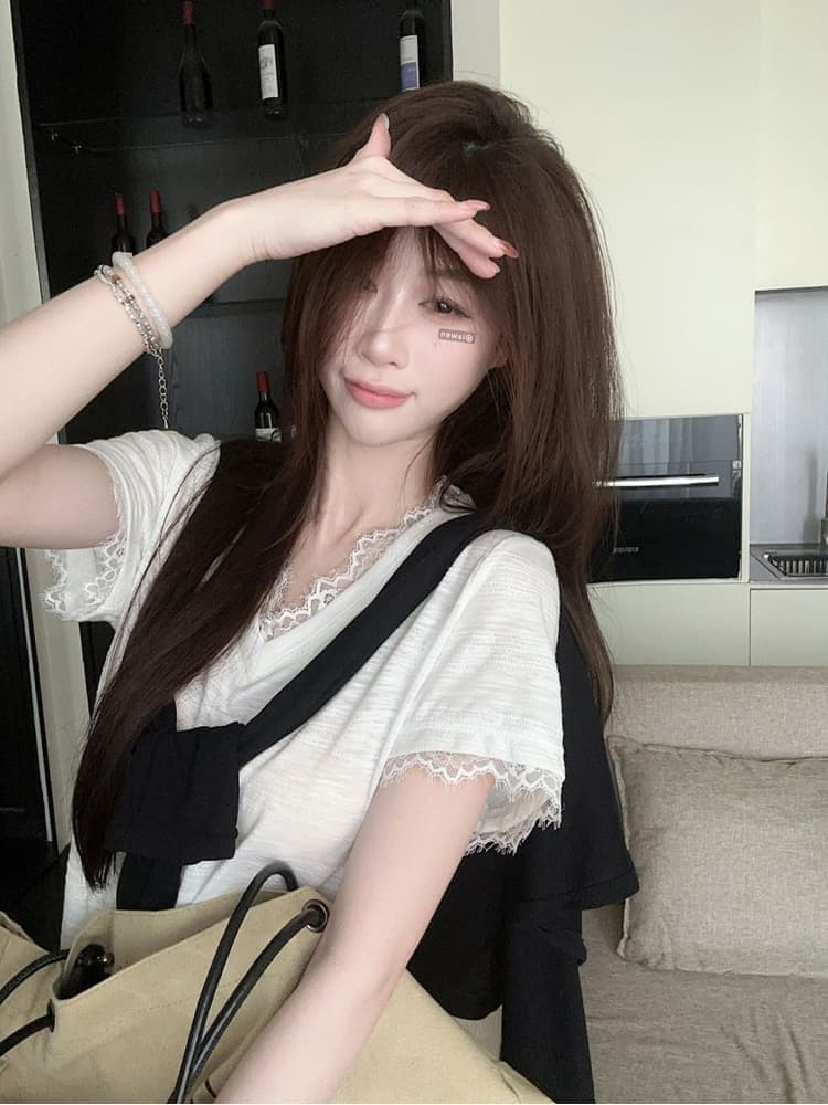 원본 품질 한 부서 레이스 조각 긍정적 인 어깨 반팔 티셔츠 여성 여름 새로운 핫걸 슬림해 보이는 맨위 상세 이미지 5