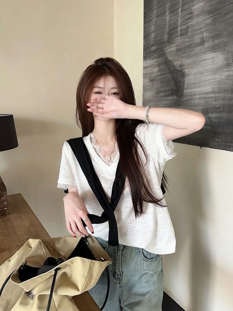 원본 품질 한 부서 레이스 조각 긍정적 인 어깨 반팔 티셔츠 여성 여름 새로운 핫걸 슬림해 보이는 맨위 상세 이미지 6