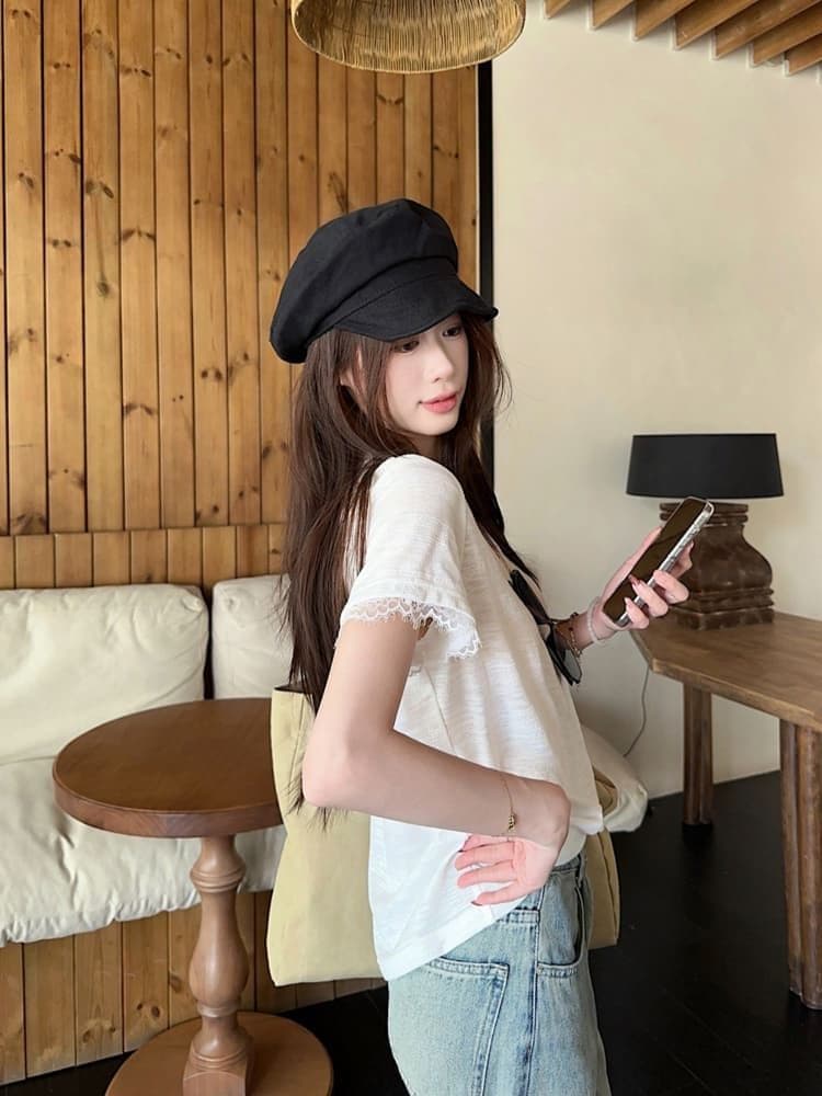 원본 품질 한 부서 레이스 조각 긍정적 인 어깨 반팔 티셔츠 여성 여름 새로운 핫걸 슬림해 보이는 맨위 상세 이미지 7