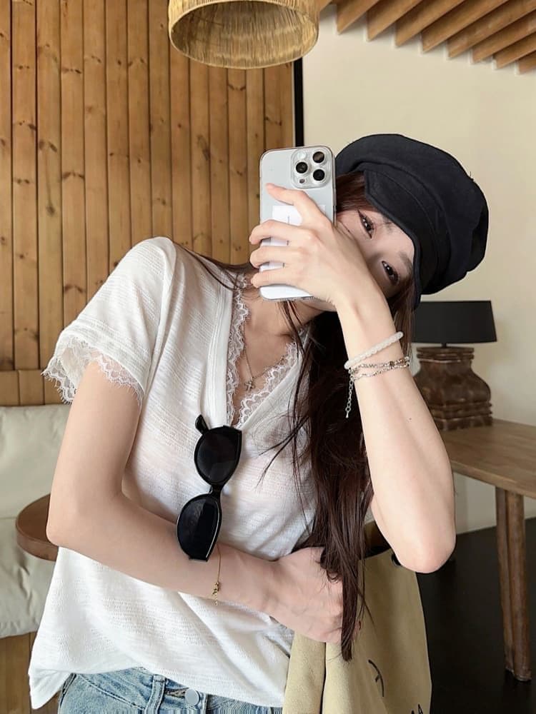 원본 품질 한 부서 레이스 조각 긍정적 인 어깨 반팔 티셔츠 여성 여름 새로운 핫걸 슬림해 보이는 맨위 상세 이미지 9