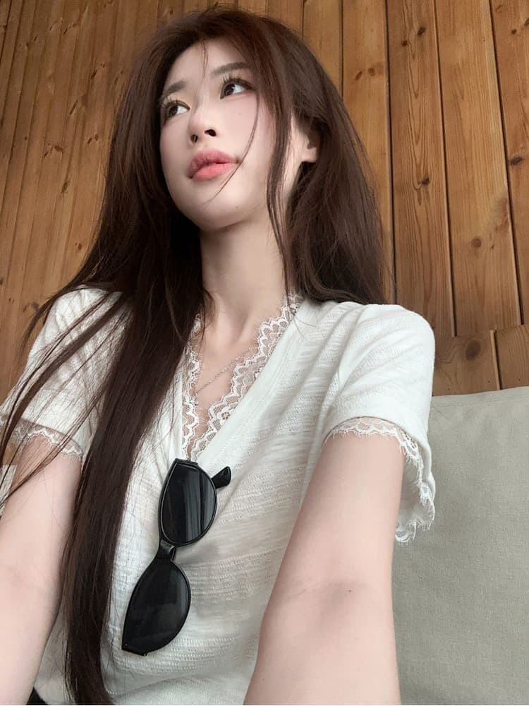 원본 품질 한 부서 레이스 조각 긍정적 인 어깨 반팔 티셔츠 여성 여름 새로운 핫걸 슬림해 보이는 맨위 상세 이미지 12