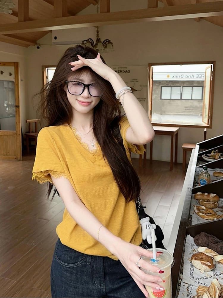 원본 품질 한 부서 레이스 조각 긍정적 인 어깨 반팔 티셔츠 여성 여름 새로운 핫걸 슬림해 보이는 맨위 상세 이미지 17