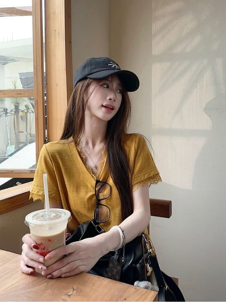 원본 품질 한 부서 레이스 조각 긍정적 인 어깨 반팔 티셔츠 여성 여름 새로운 핫걸 슬림해 보이는 맨위 상세 이미지 20