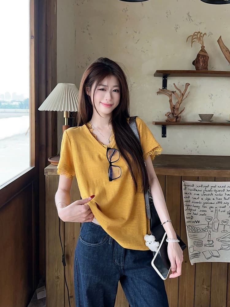 원본 품질 한 부서 레이스 조각 긍정적 인 어깨 반팔 티셔츠 여성 여름 새로운 핫걸 슬림해 보이는 맨위 상세 이미지 21