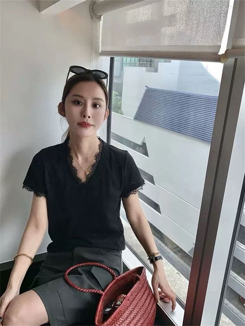 원본 품질 한 부서 레이스 조각 긍정적 인 어깨 반팔 티셔츠 여성 여름 새로운 핫걸 슬림해 보이는 맨위 상세 이미지 26