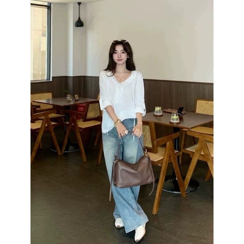 눈꽃 면 화이트 프릴 V넥 7부 소매 티셔츠 여성 여름 가을 루즈핏 디자인 센스 슬림해 보이는 긍정적 인 어깨 의류 이미지 4