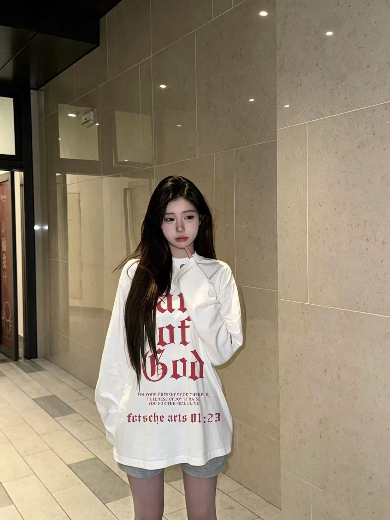 210 그램 순면 플러그 루오 모방 당겨서 어깨 테두리 라운드 넥 긴팔 티셔츠 여성 프린트 맨위 이미지 2