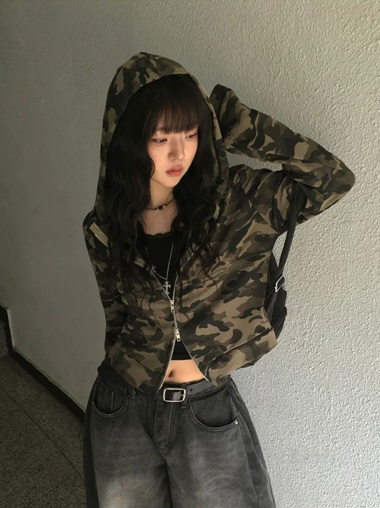 한 부서 레트로 달콤한 차가운 핫걸 카모플라주 더블 지퍼 후드 몸매 가꾸기 긴팔 오픈 가디건 맨위 재킷