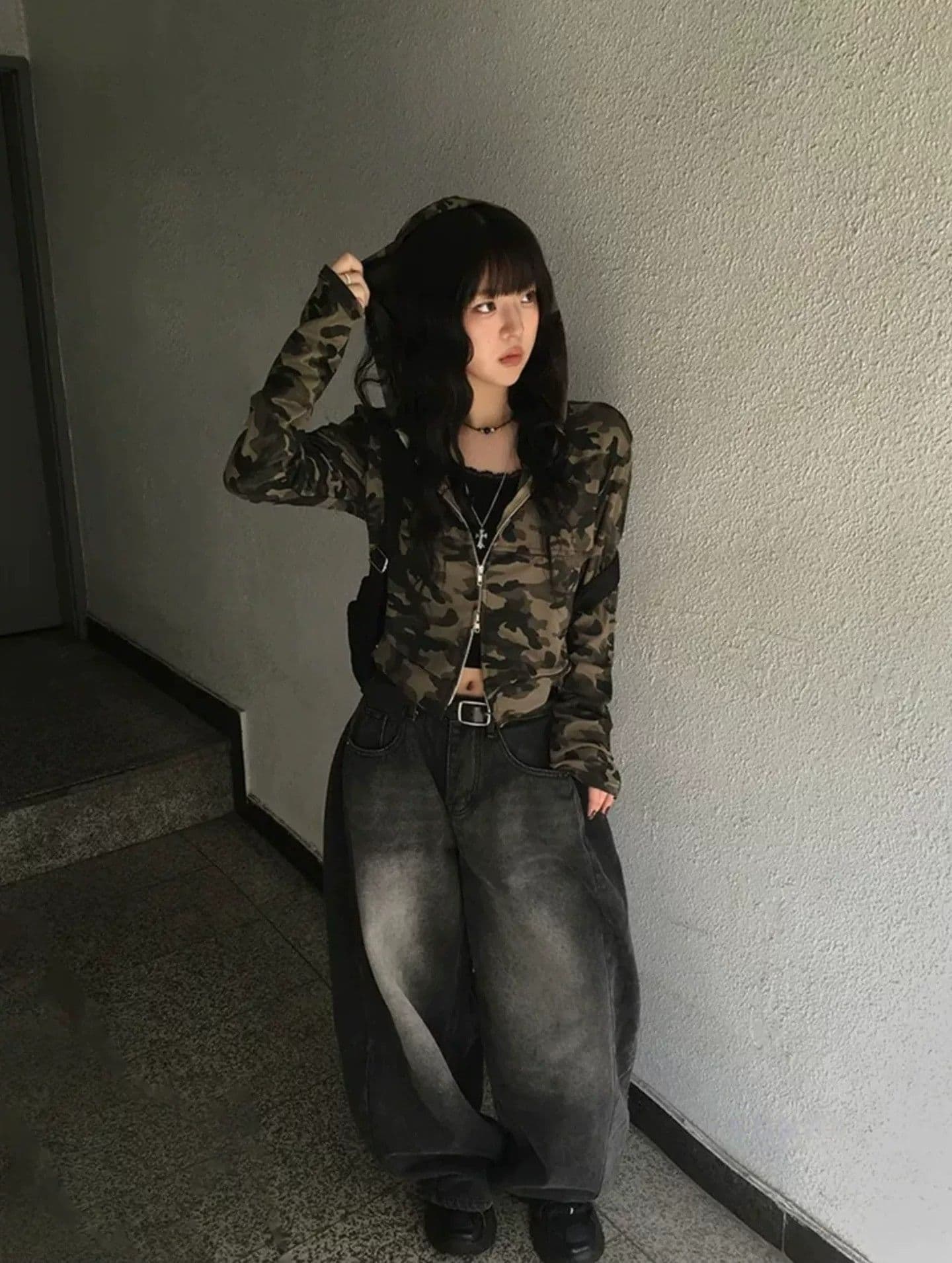 한 부서 레트로 달콤한 차가운 핫걸 카모플라주 더블 지퍼 후드 몸매 가꾸기 긴팔 오픈 가디건 맨위 재킷 이미지 3