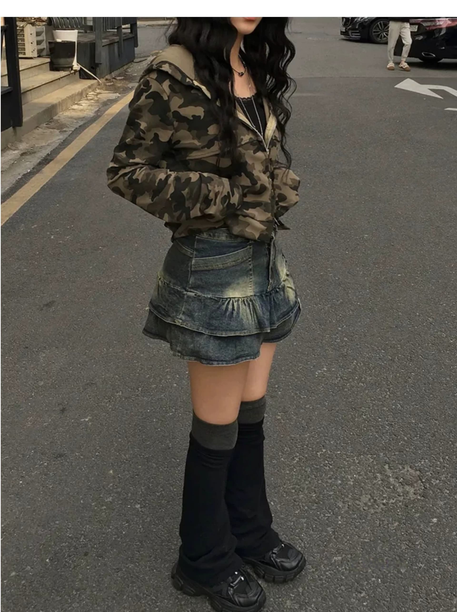 한 부서 레트로 달콤한 차가운 핫걸 카모플라주 더블 지퍼 후드 몸매 가꾸기 긴팔 오픈 가디건 맨위 재킷 상세 이미지 8