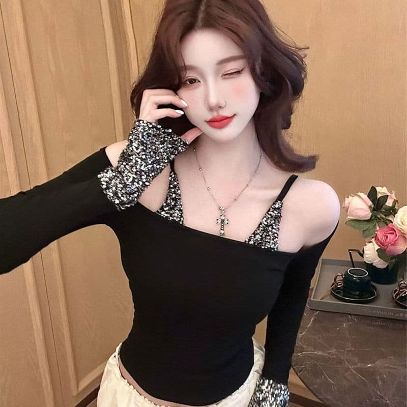 모방 면 벨트 가슴 패드 스팽글 긴팔 티셔츠 여성 가을 오프숄더 몸매 가꾸기 핫걸 바람 만나는 맨위 이미지 2