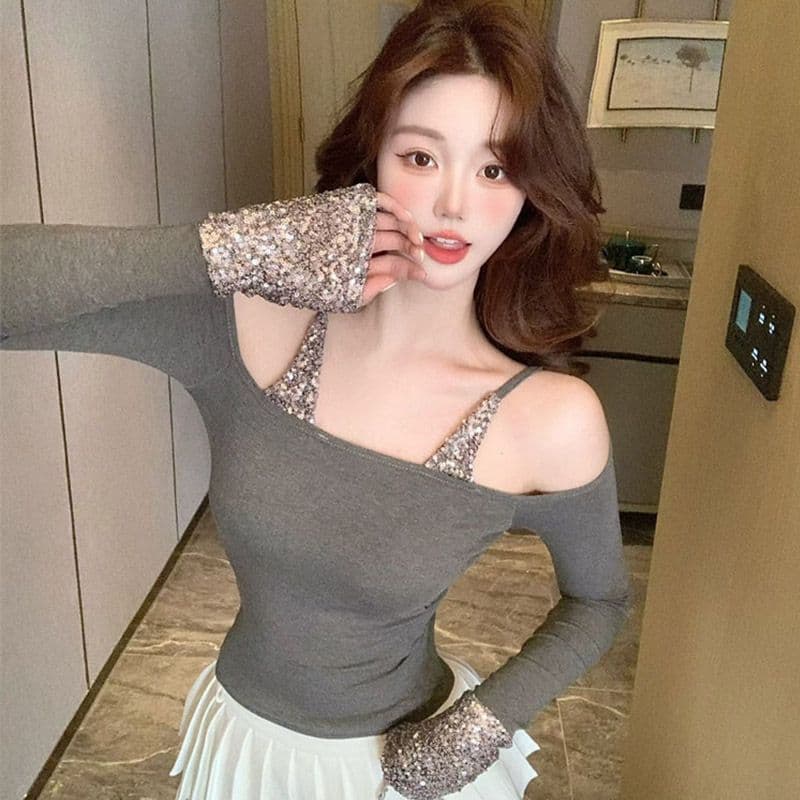 모방 면 벨트 가슴 패드 스팽글 긴팔 티셔츠 여성 가을 오프숄더 몸매 가꾸기 핫걸 바람 만나는 맨위 이미지 4