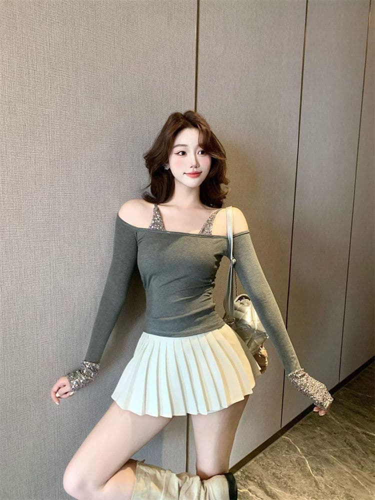 모방 면 벨트 가슴 패드 스팽글 긴팔 티셔츠 여성 가을 오프숄더 몸매 가꾸기 핫걸 바람 만나는 맨위 상세 이미지 4